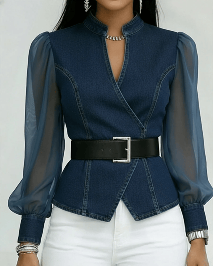 Vessa | Top de denim con mangas de chiffon ligero - Navarro Granada
