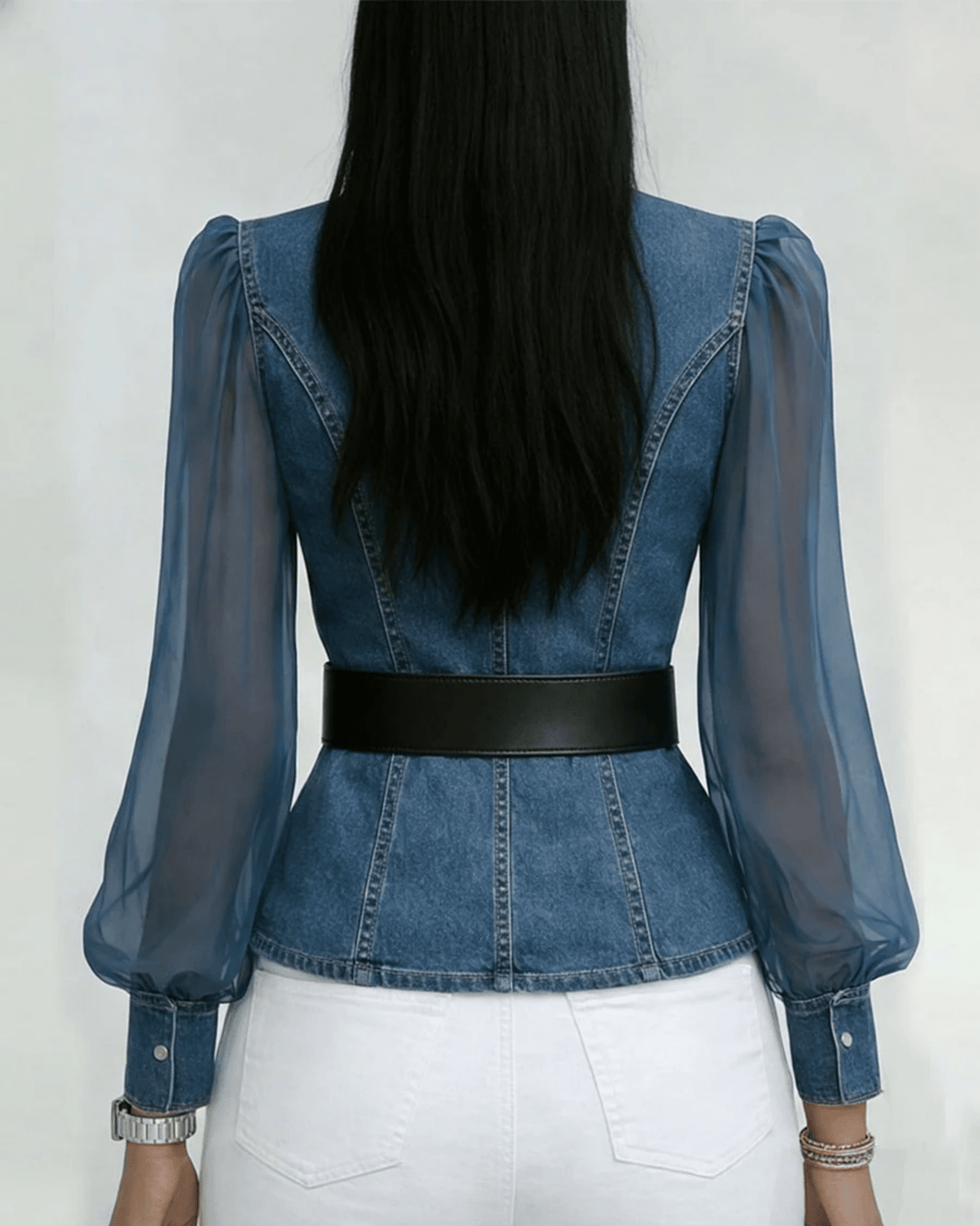 Vessa | Top de denim con mangas de chiffon ligero - Navarro Granada