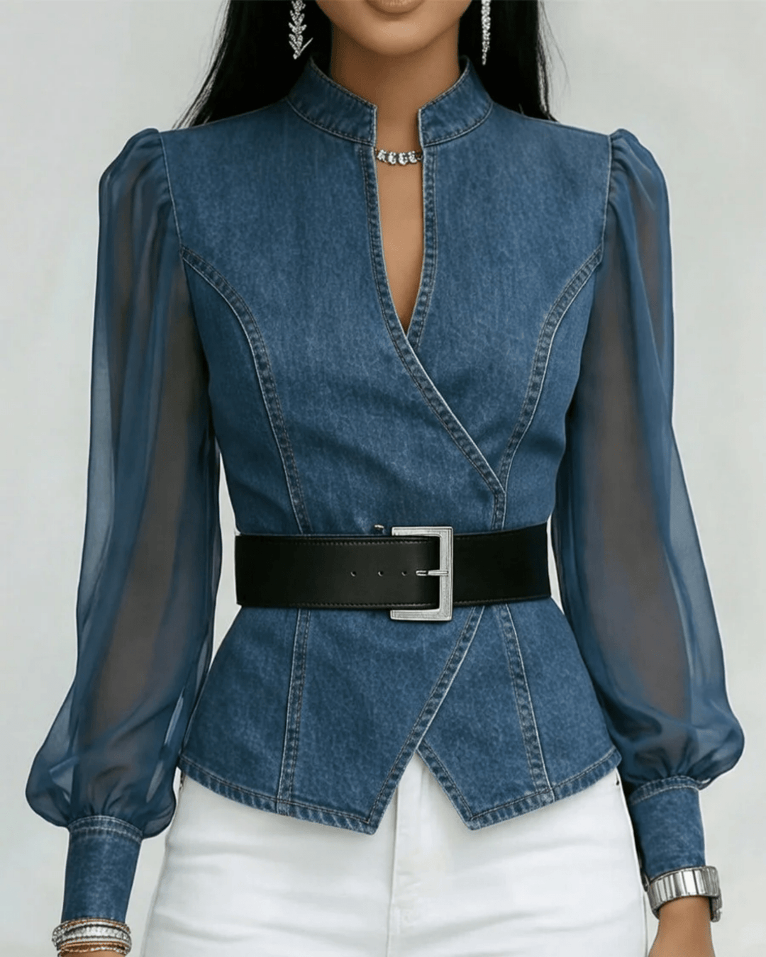 Vessa | Top de denim con mangas de chiffon ligero - Navarro Granada