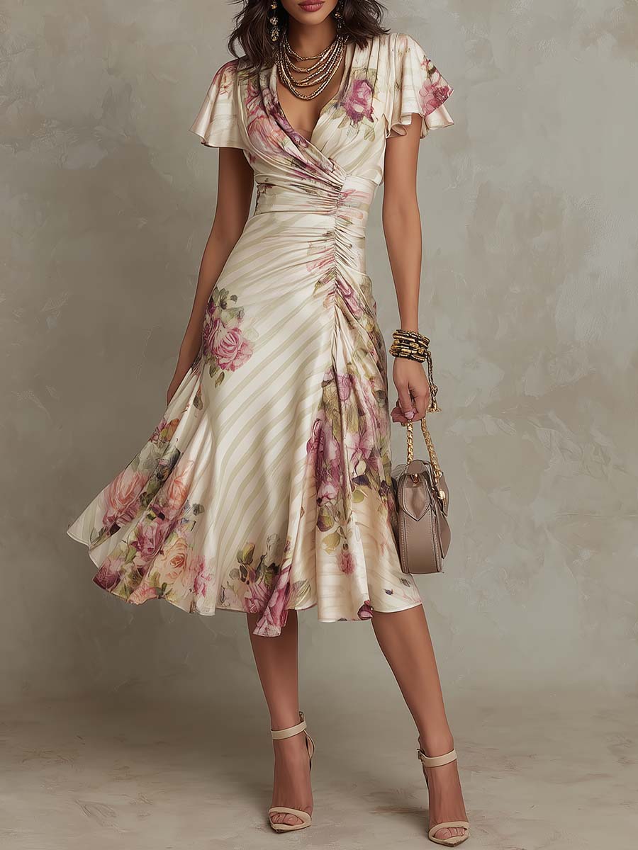 Vestido midi de satén con motivo floral, elegante y de estilo retro - Navarro Granada