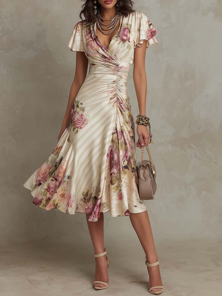 Vestido midi de satén con motivo floral, elegante y de estilo retro - Navarro Granada