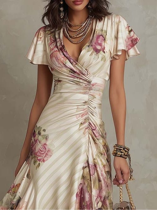 Vestido midi de satén con motivo floral, elegante y de estilo retro - Navarro Granada